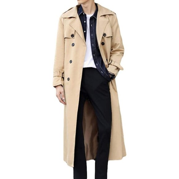 Men's Khaki Trench Coat Oversized Casual Windbreaker Lapel Long Jacket Overcoat